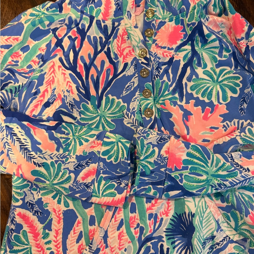 Lilly Pulitzer Blue Coral Pink Tropical Print Top
